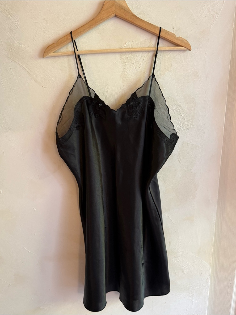 Vintage | Black Satin Slip Dress | Sheer Floral Lace Trim | Large